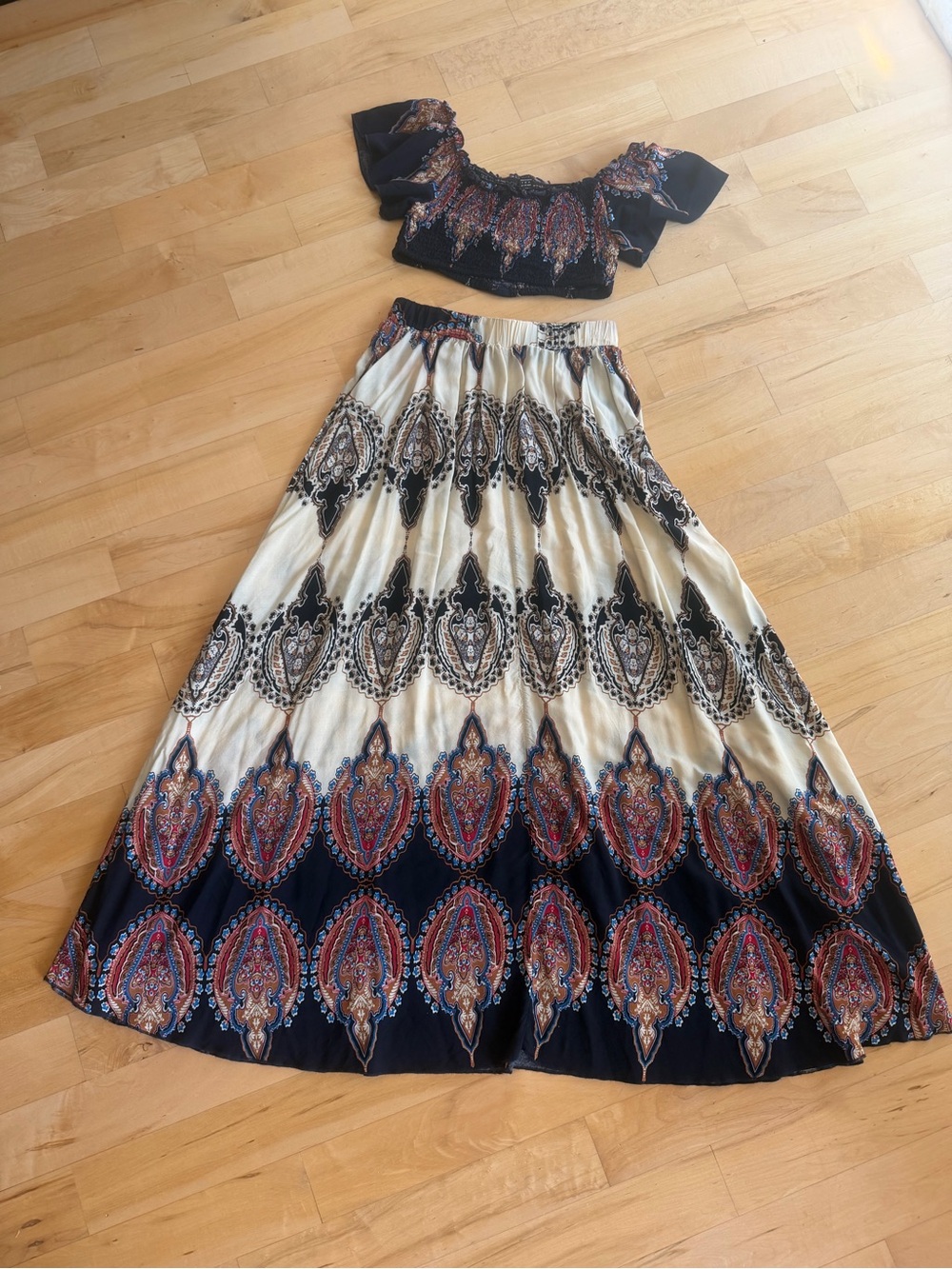 Bohemian Print Maxi Skirt and Cropped Shirt